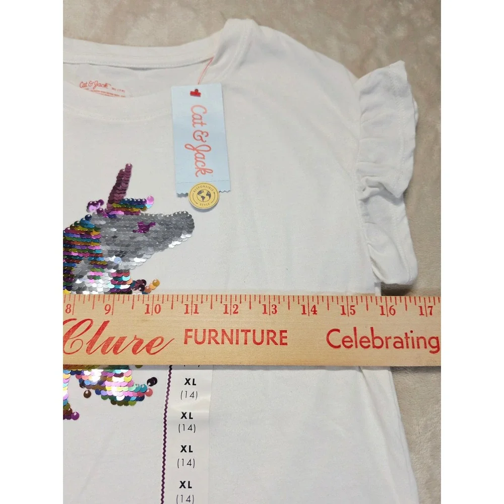 Cat & Jack Girls XL 14 White Unicorn Flip Sequin Flutter Sleeve T-Shirt NWT